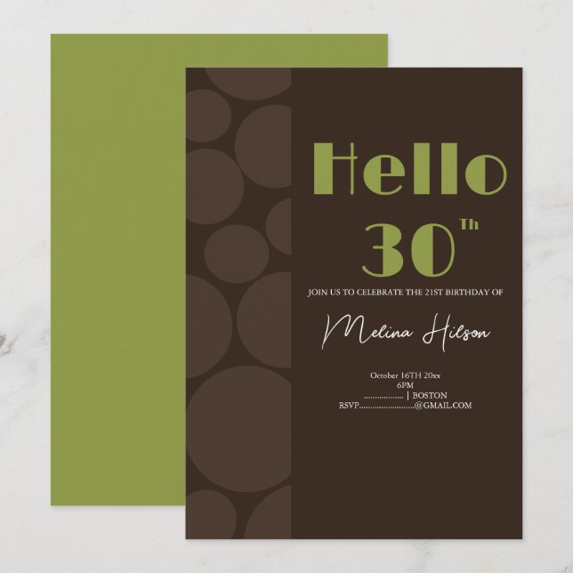 Invitation anniversaire marron et vert moderne (Devant / Derrière)