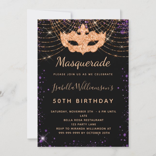 Invitation Anniversaire Masquerade parties scintillant violet (Devant)