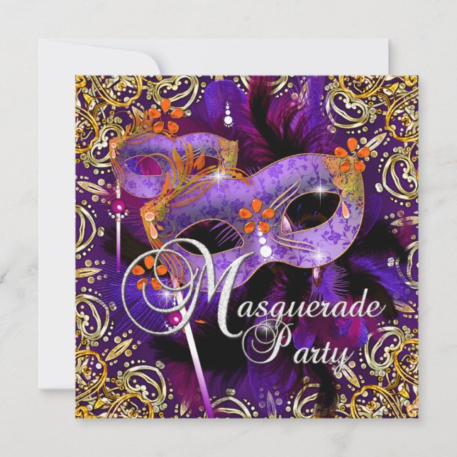Invitation Anniversaire Masquerade violet orange or (Devant)