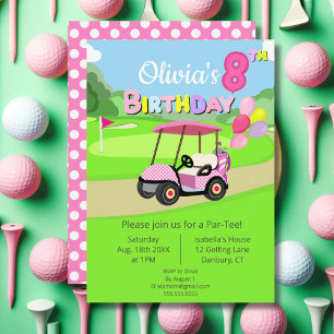 Invitation Anniversaire mignon 8 ans golf rose pois fille 