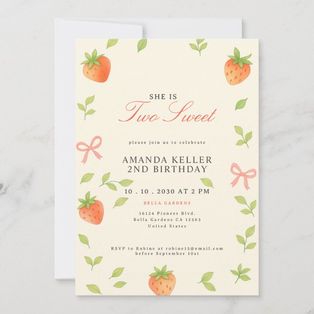 Invitation Anniversaire mignon aux fraises roses (Devant)