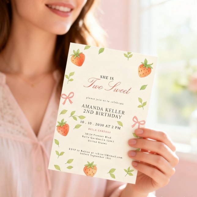 Invitation Anniversaire mignon aux fraises roses (Créateur téléchargé)