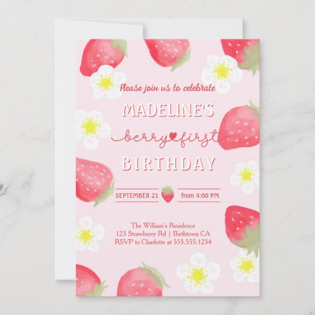 Invitation anniversaire mignon Berry Sweet Strawberry (Devant)