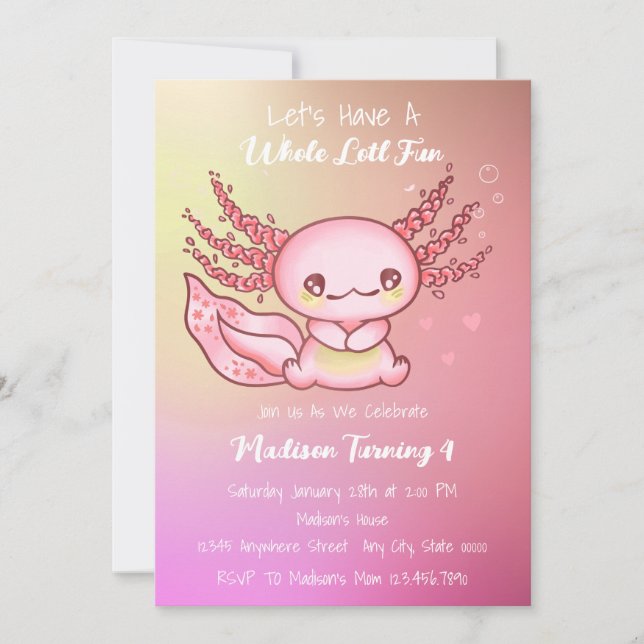 Invitation Anniversaire mignon de Pink Axolotl (Devant)