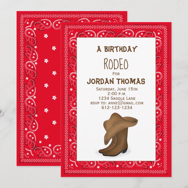 Invitation Anniversaire mignon Rouge Bandana Cowboy Casquette (Devant / Derrière)