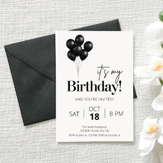 Invitation Anniversaire Minimaliste Ballon Noir et Blanc