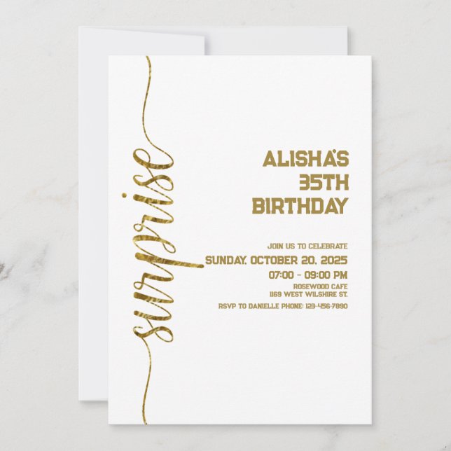 Invitation Anniversaire minimaliste Gold surprise (Devant)