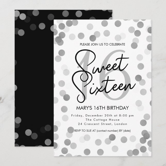 Invitation ANNIVERSAIRE MODERNE 16 ans Argenté Chic Paillette (Devant / Derrière)