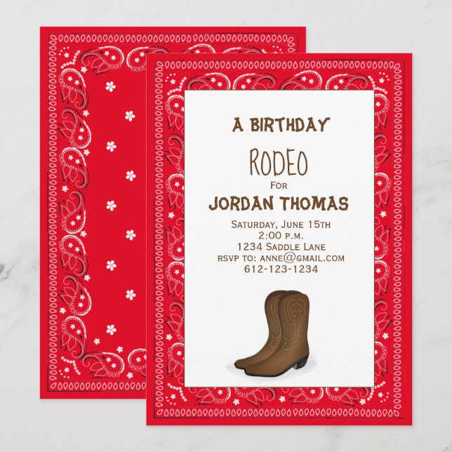 Invitation Anniversaire Moderne Cute Rouge Bandana Cowboy Bot (Devant / Derrière)