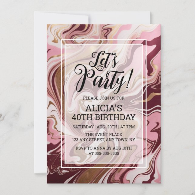 Invitation Anniversaire moderne de marbre rose bordeaux doré (Devant)