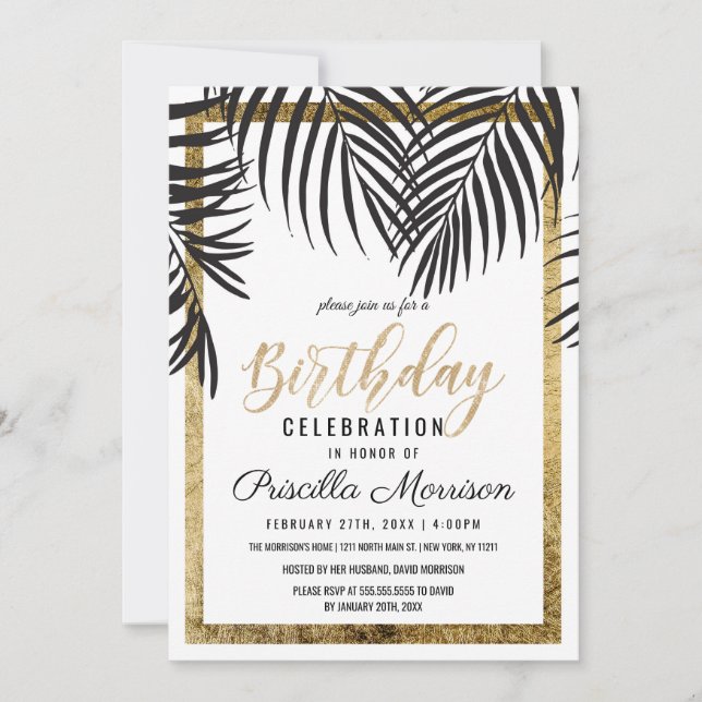 Invitation Anniversaire moderne d'or de palmier de noir rose (Devant)