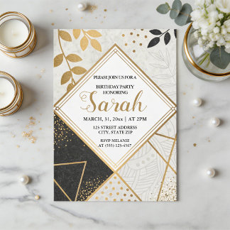 Invitation anniversaire moderne paillettes noir et or de luxe