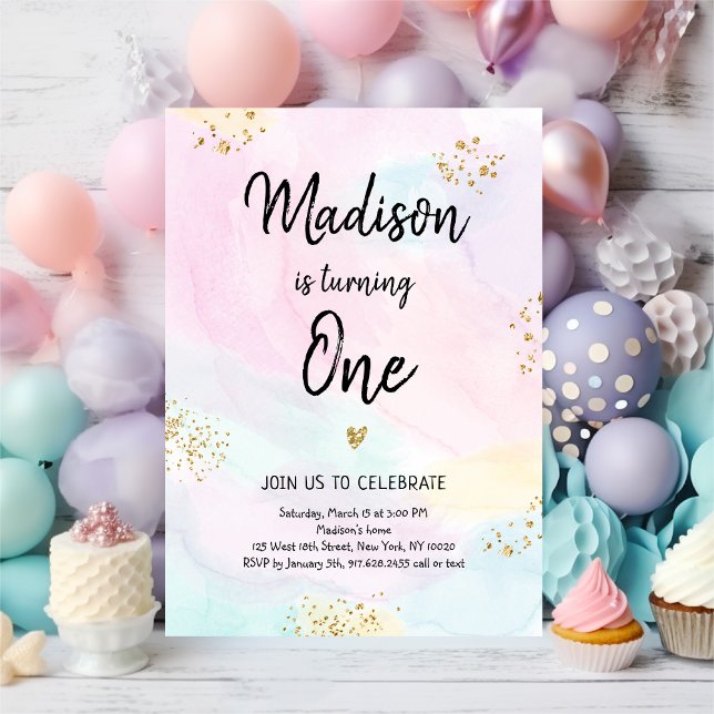 Invitation Anniversaire moderne Pastel Rainbow Pink Gold (Créateur téléchargé)