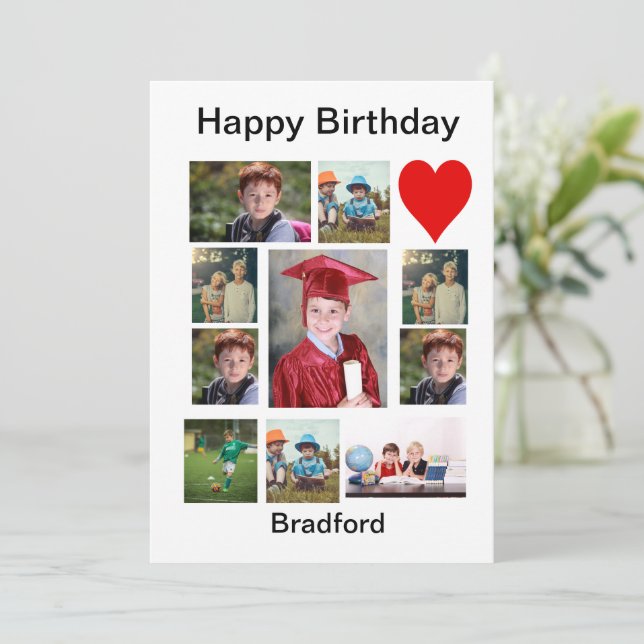 Invitation Anniversaire moderne personnalisé 11 Photo Collage (Debout devant)