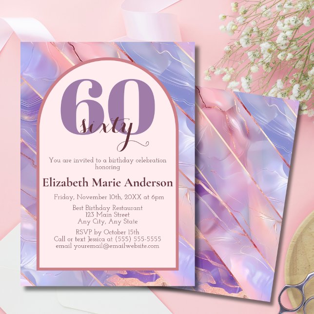 Invitation Anniversaire Moderne Purple Rose Or Agate Pour Ell (Créateur téléchargé)