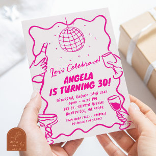 Invitation Anniversaire Moderne Rétro Illustré Rose Chaud Ond
