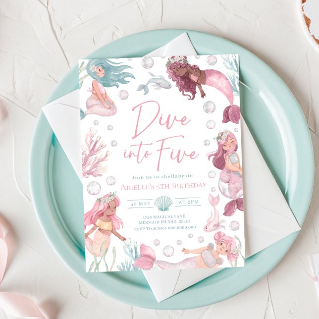 Invitation anniversaire modifiable de 5 ans sirène (Watercolor Mermaid 5th Birthday Invitation)