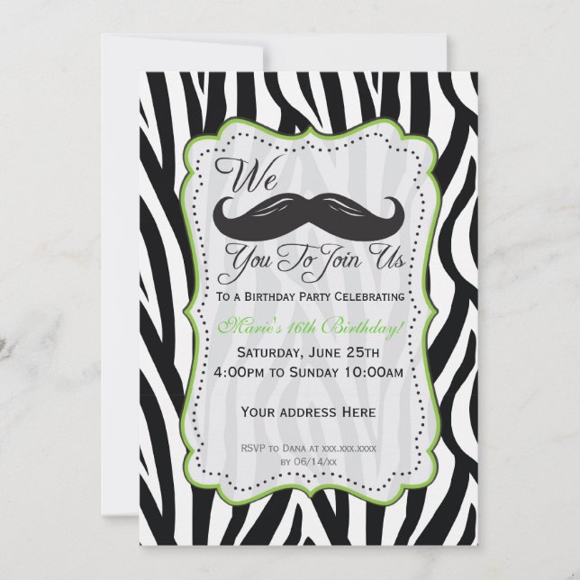 Invitation Anniversaire Moustache de Zèbre - Noir & Vert Citr (Devant)