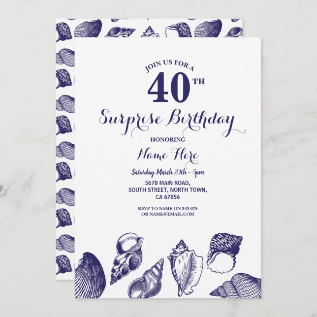 Invitation Anniversaire Navy Party Shells Ocean Beach Sea (Devant / Derrière)
