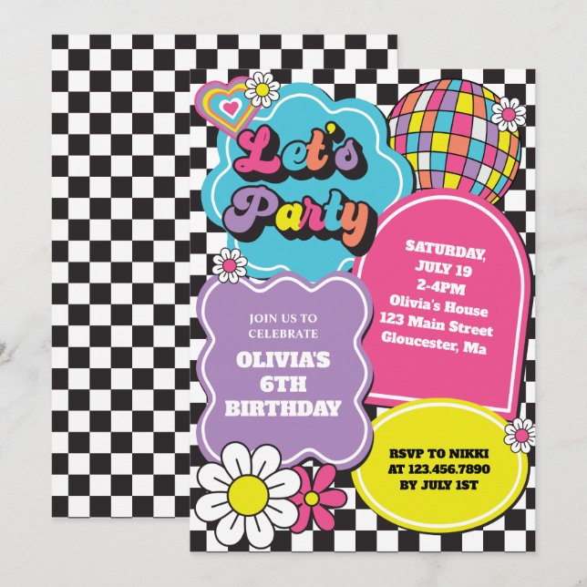 Invitation Anniversaire néon rétro 90 (Devant / Derrière)