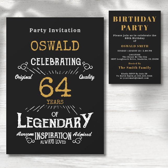 Invitation Anniversaire N'importe quel âge Légendaire Black G (Any age birthday party invitation. Retro black and gold  Legendary design.)
