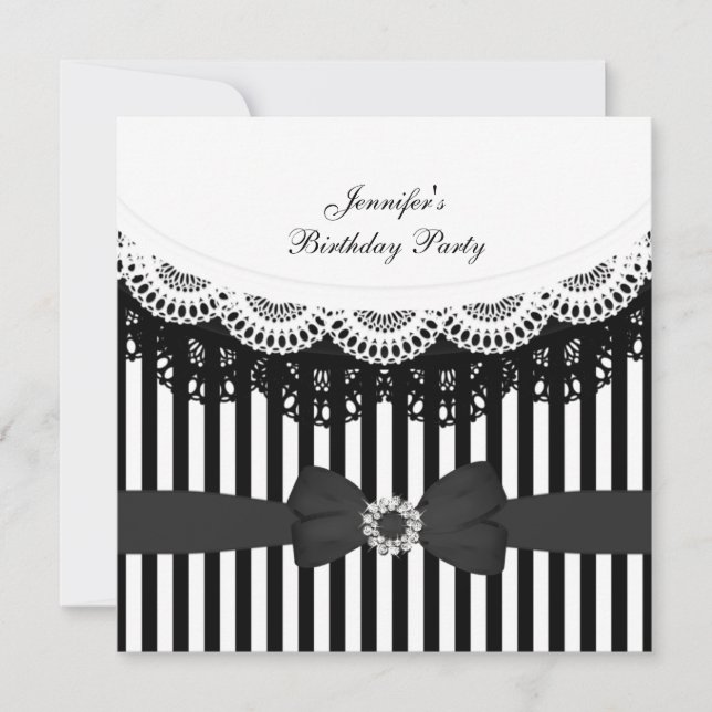 Invitation Anniversaire Noir Blanc dentelle Barrière (Devant)