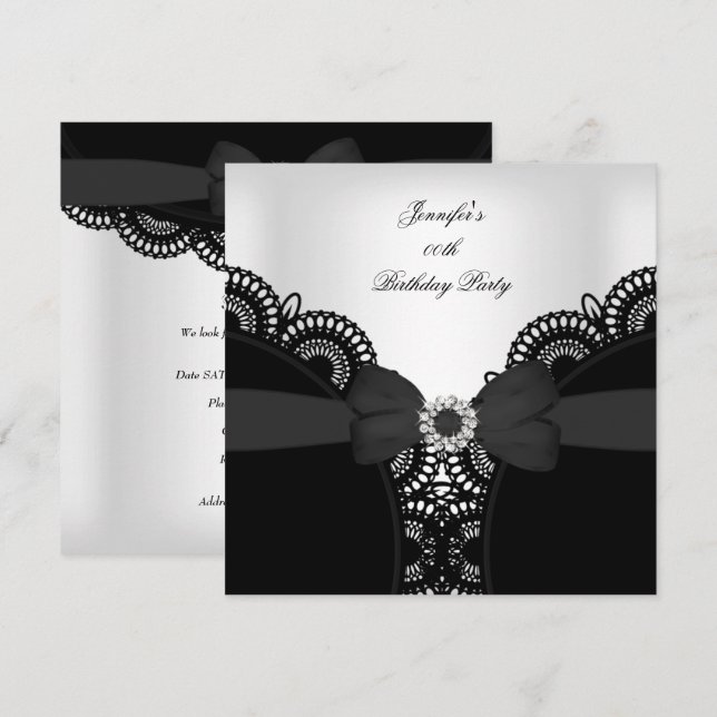 Invitation Anniversaire Noir Blanc dentelle Diamant Haut (Devant / Derrière)
