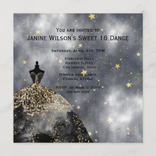 Invitation Anniversaire noir du noir Sweet16 d'or de robe