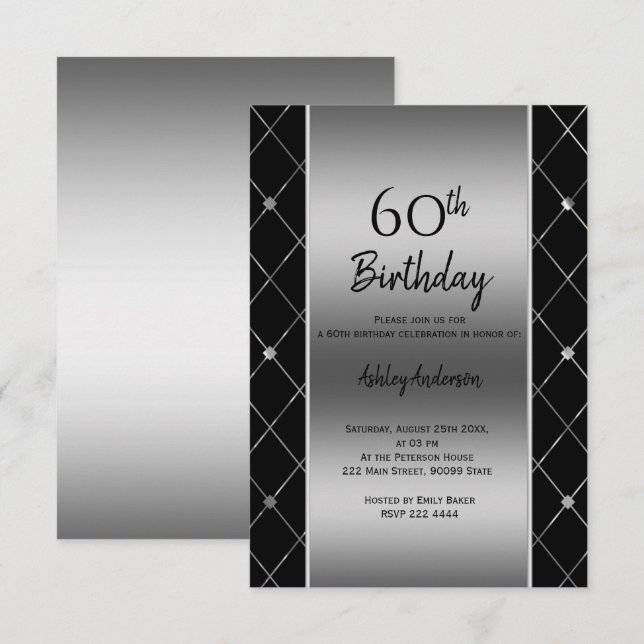 Invitation Anniversaire noir et argent élégant (Devant / Derrière)