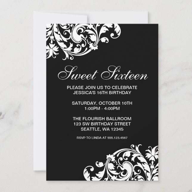 Invitation Anniversaire noir et blanc du bonbon 16 à Flourish (Devant)