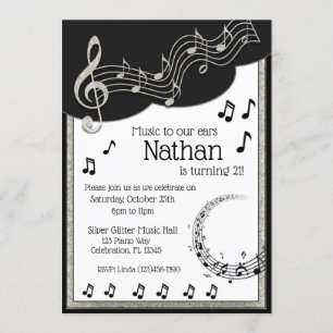 Invitation Anniversaire noir et blanc étincelant de notes