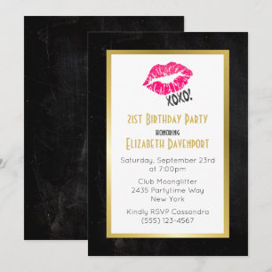 Invitation Anniversaire noir et or avec lèvres rose Kissy