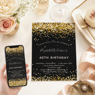 Invitation Anniversaire noir or paillettes glamour