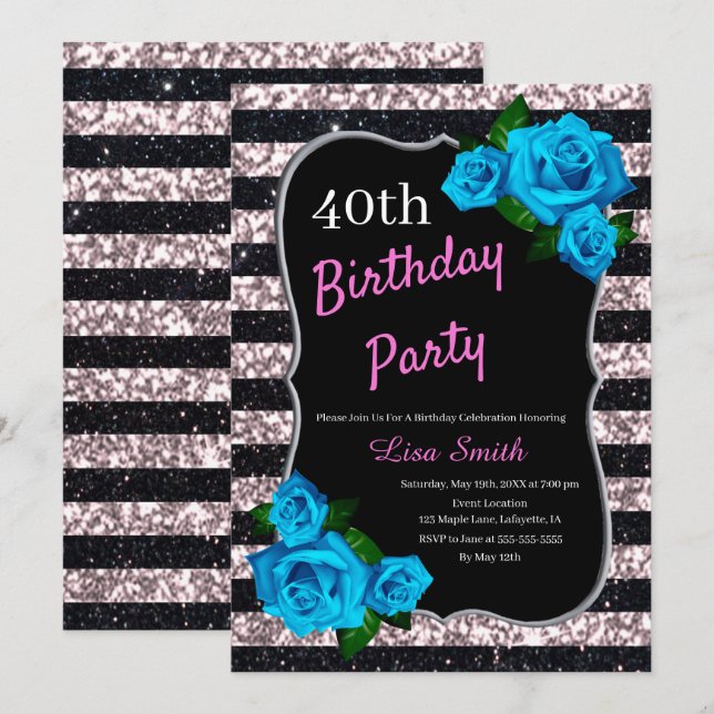 Invitation Anniversaire Noir rose rayures Parties scintillant (Devant / Derrière)