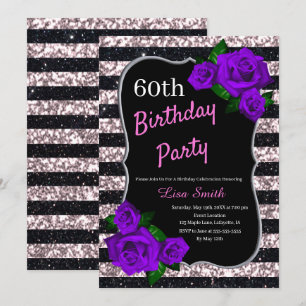 Invitation Anniversaire Noir rose rayures Parties scintillant