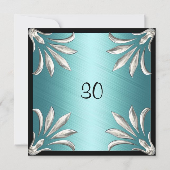 Invitation Anniversaire Noir Turquoise avec Argent (Devant)