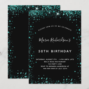 Invitation Anniversaire noir turquoise vert parties scintilla