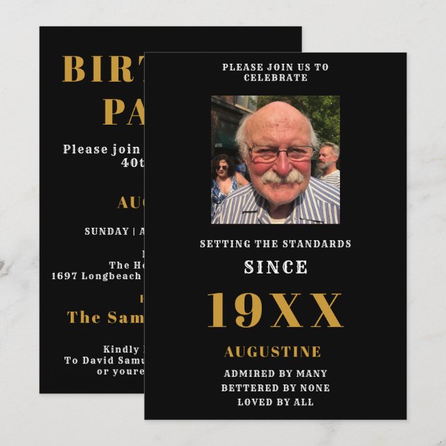 Invitation Anniversaire Nom du Modèle photo Elegant Black Gol (Devant / Derrière)