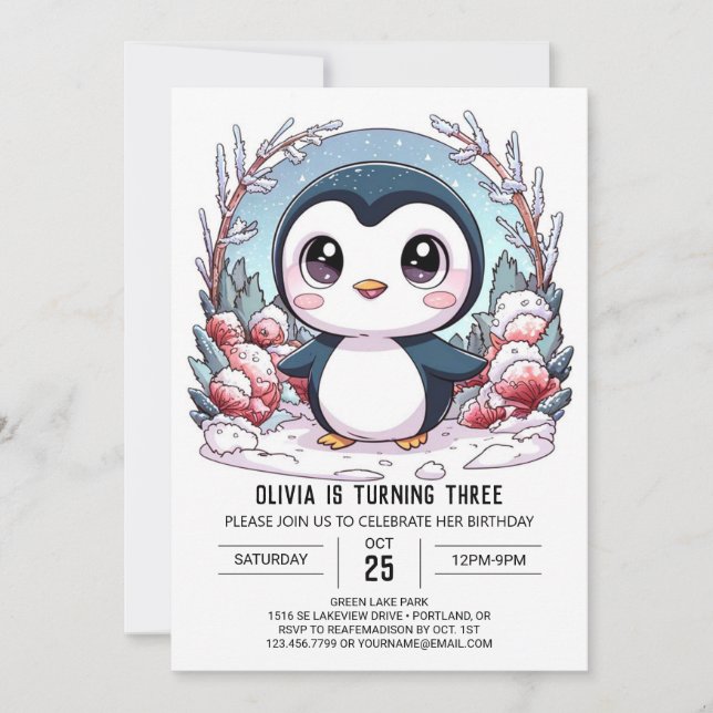 Invitation Anniversaire numérique de Penguin élégant en hiver (Devant)