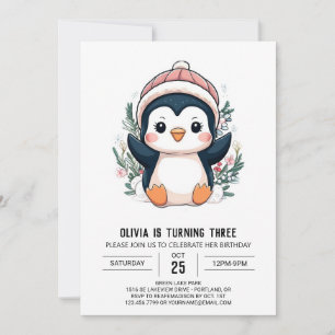 Invitation Anniversaire numérique de pingouin blanc mignon