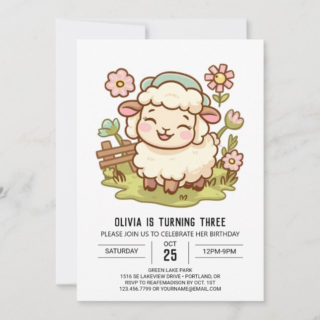 Invitation Anniversaire numérique élégant du petit mouton (Devant)