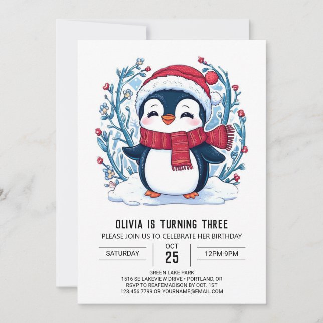 Invitation Anniversaire numérique Whimsical Little Penguin (Devant)