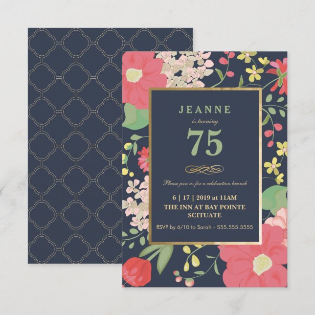 Invitation Anniversaire - Or, Élégant Floral (Devant / Derrière)