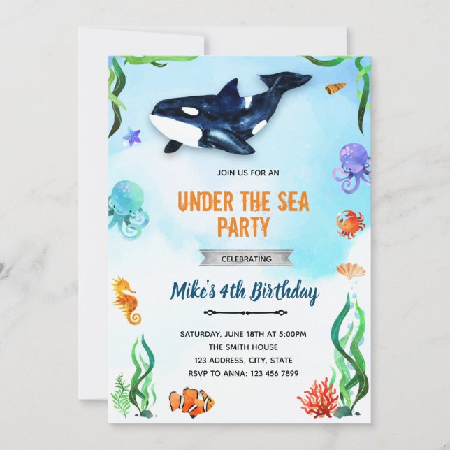 Invitation Anniversaire orque sous la mer (Devant)