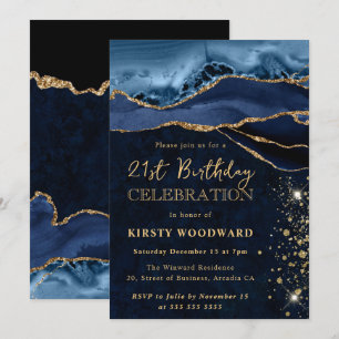 Invitation Anniversaire Pailleté d'Agate Bleu et Or Élégant