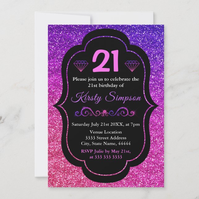 Invitation Anniversaire Pailleté Dégradé Violet et Rose (Devant)