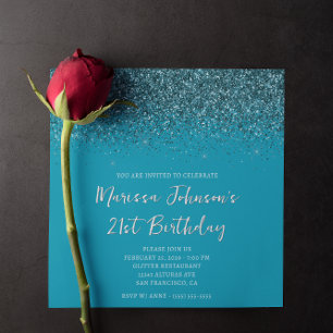 Invitation Anniversaire pailleté sarcelle foncé azur 21 ans