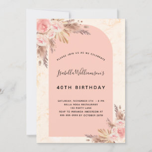 Invitation Anniversaire pampas herbe rose or rose rousse