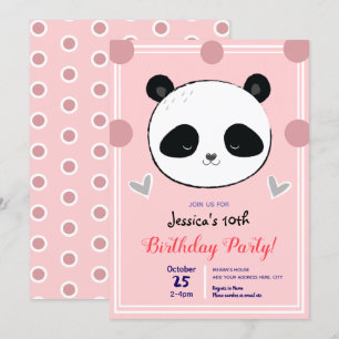 Invitation Anniversaire Panda Face et Pois roses