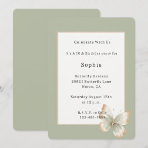Invitation Anniversaire Papillon Vert Crème Brun